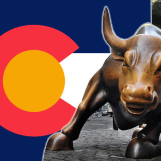 wall street bull in front of Colorado flag symbolizes public companies will soon be able to own cannabis companies